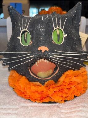 Bethany Lowe Black Cat Halloween Décor with Green Eyes and Orange Collar